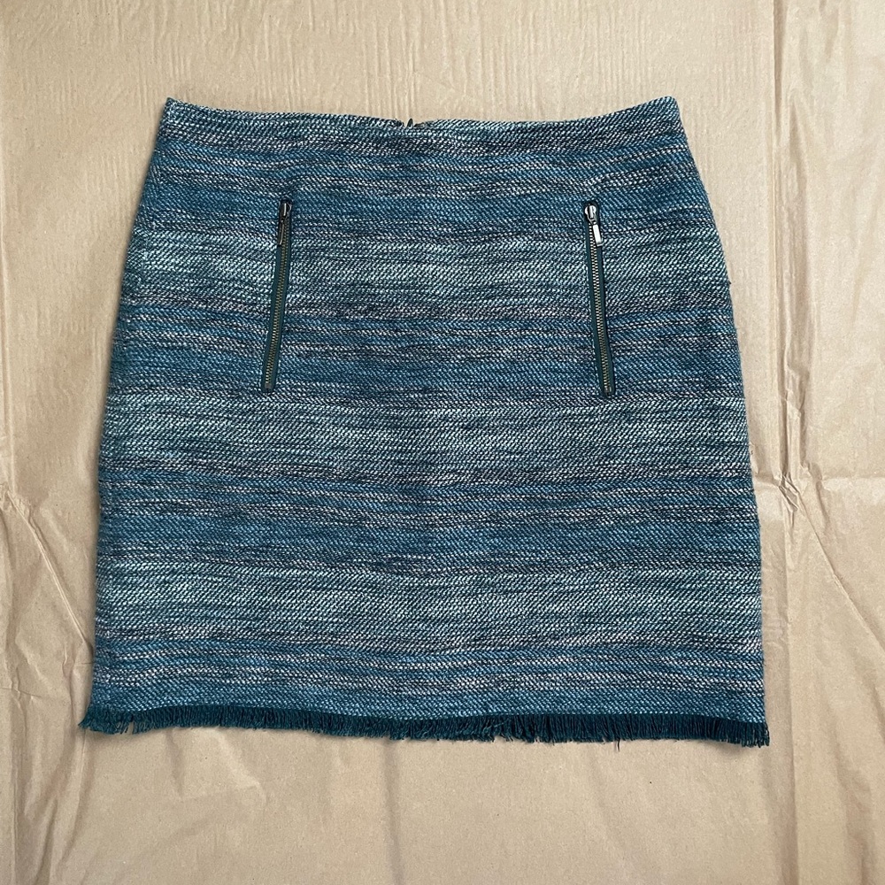 Ann Taylor Loft Womens Tweed Fringe Skirt Size 8 Teal Gray Lined Pockets Zip - Picture 3 of 10